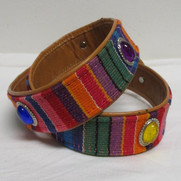 ***SOLD*** Southwestern Colorful Striped Woven Belt sz M Cabochon Conchos - Picture 4 of 7